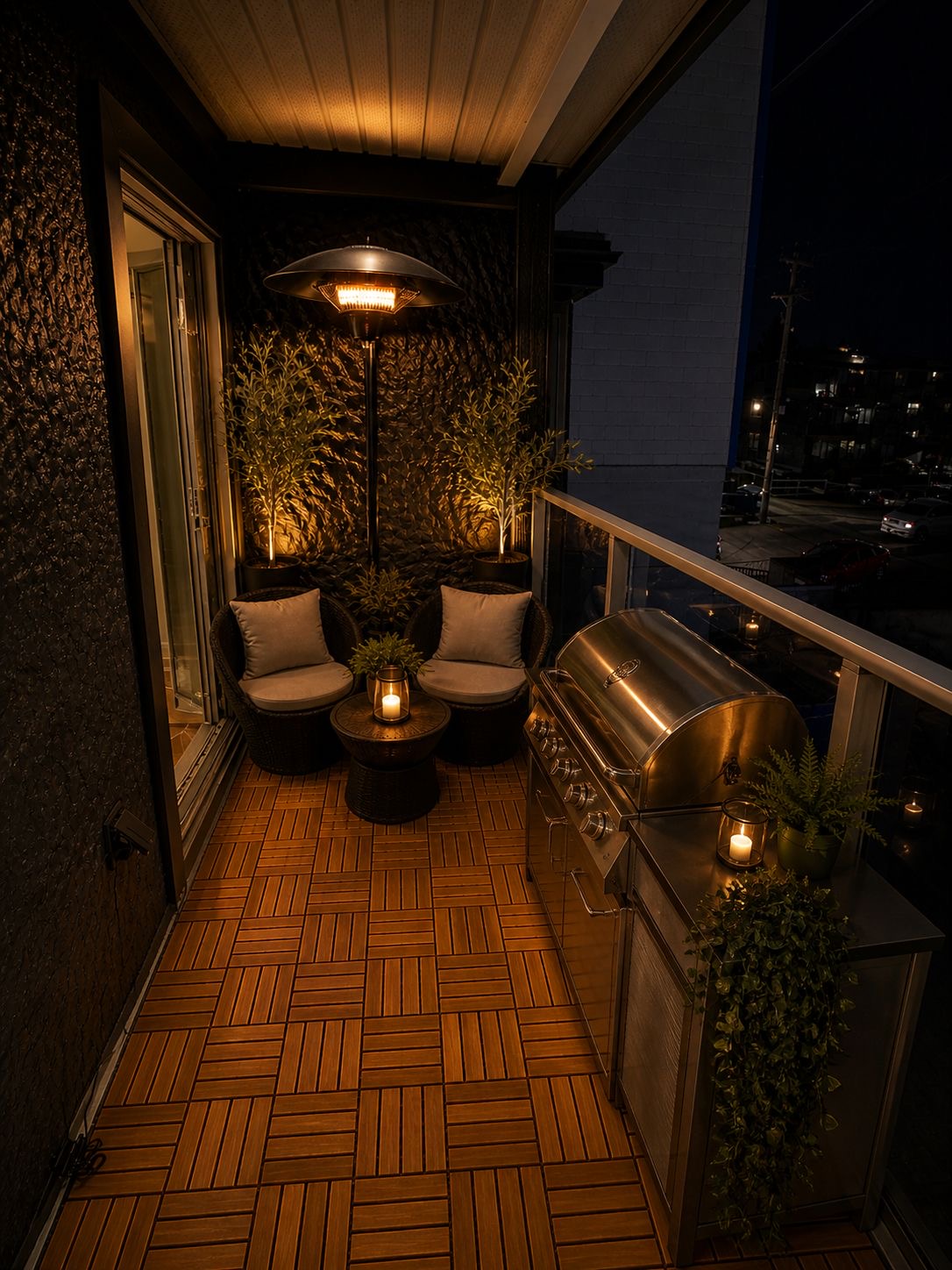 Private balcony at night with BBQ and heater