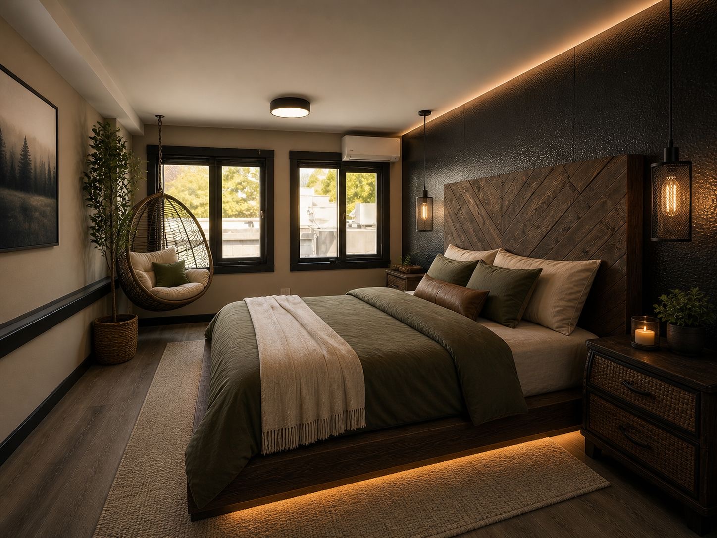 Master bedroom with chevron wood headboard